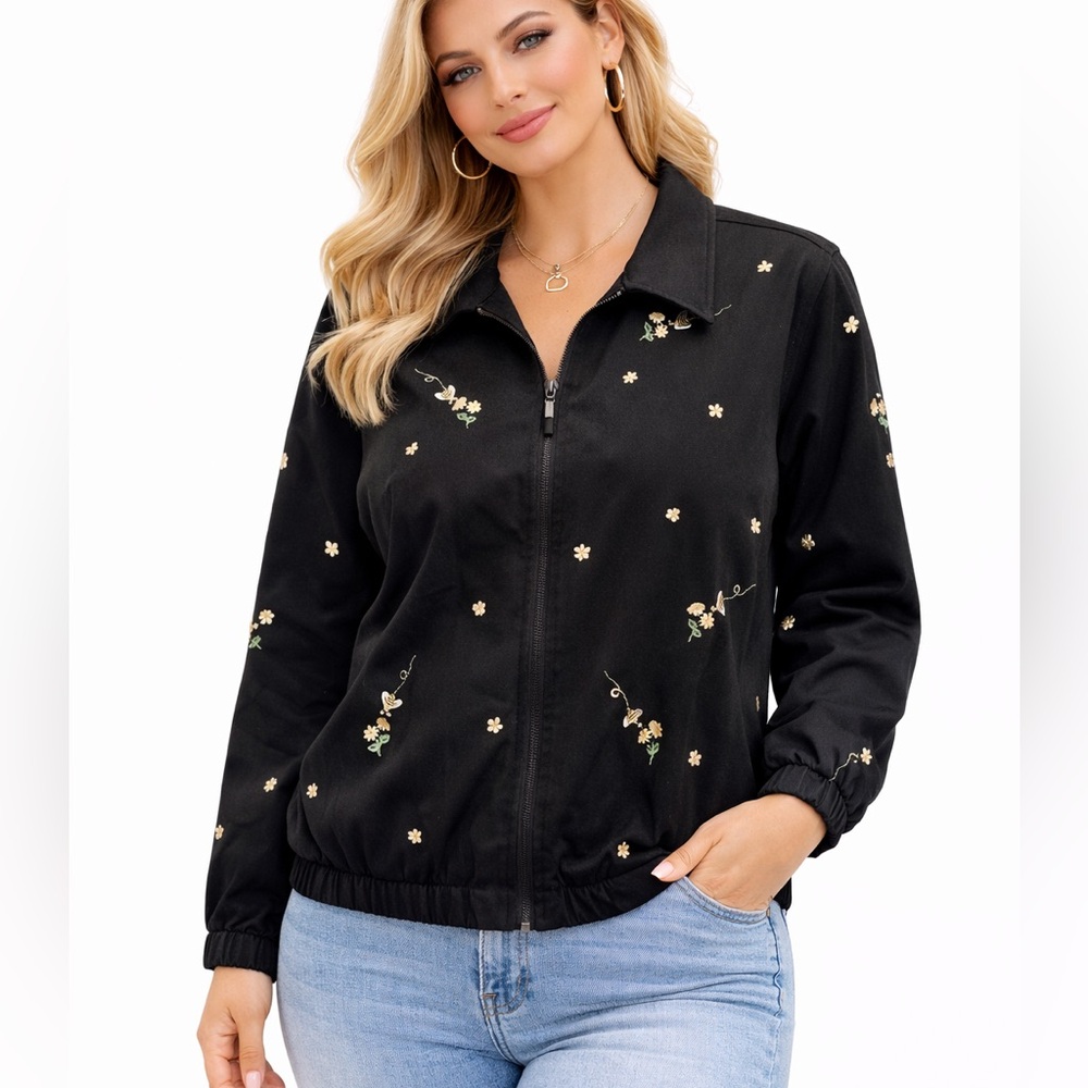 Alfred Dunner Black Bomber Jacket with bee/ Floral Embroidery‎ 14